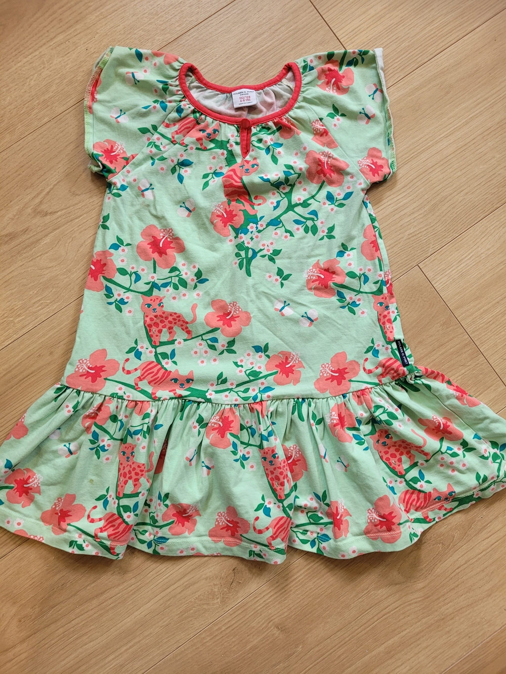Polarn O Pyret Mint Green Floral & Cat Ruffle Dress